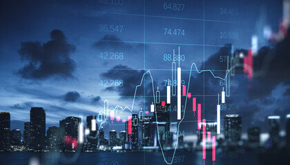 Obraz premium Night city skyline with illuminated financial chart overlay showing market movements and economic data in a modern business atmosphere.