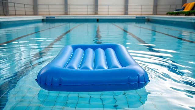 A single blue inflatable lilo floating on the calm clear blue water surface of a large indoor swimming pool
