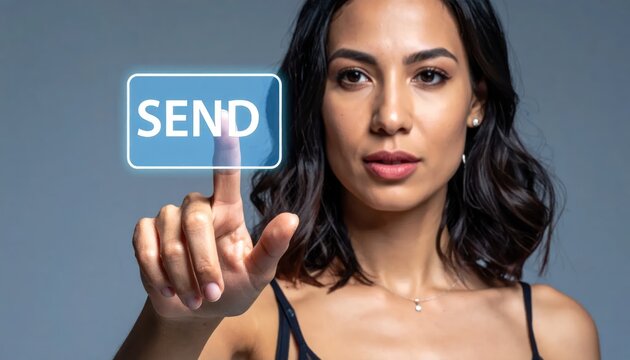 Confident Young Woman Pressing Glowing Send Button on Digital Interface