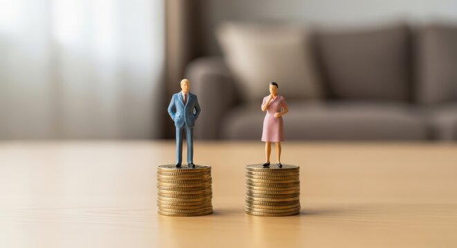 Miniature man and woman figures standing on stacks of coins representing gender pay gap income inequality financial imbalance and economic disparity concept