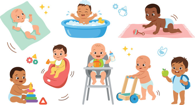Diverse Cute Baby Milestone Activities Vector Illustration Set Featuring Bath Time, Crawling on Rug, Playing with Stacking Rings, High Chair Feeding, and First Walking Steps Poses