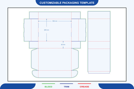 Customizable packaging template with tuck front box dieline and sleeve layout, featuring labeled dimensions