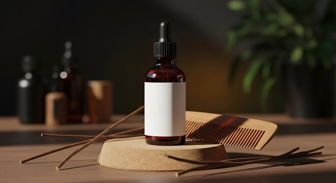Amber glass dropper bottle with blank label for organic hair oil serum on a wooden stand with a wooden comb