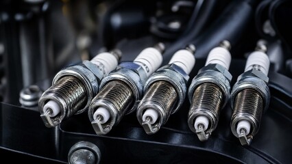 Naklejka premium electrodes. Gleaming spark plug electrodes in a dark engine bay. mobility guides, transit brochures, designed for transport & logistics marketing, used by account managers.