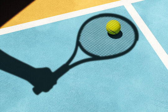 Shadow of tennis racket cast over vibrant court with tennis ball in a minimalist sport scene designed for modern creative advertising compositions. 3D Rendering
