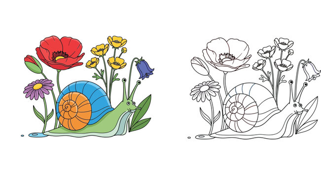 Cartoon Snail and Beautiful Wildflowers Illustration for Kids, Colorful and Black and White Line Art for Coloring Book Page, Nature and Insects Vector Design for Children Activity