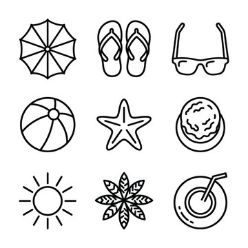 Set of 9 summer vacation and beach icons vector illustration flip flops beach ball ice cream vacation umbrella