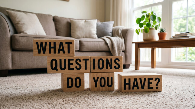 Wooden blocks with questions, living room interior, beige sofa, home decor, questioning concept