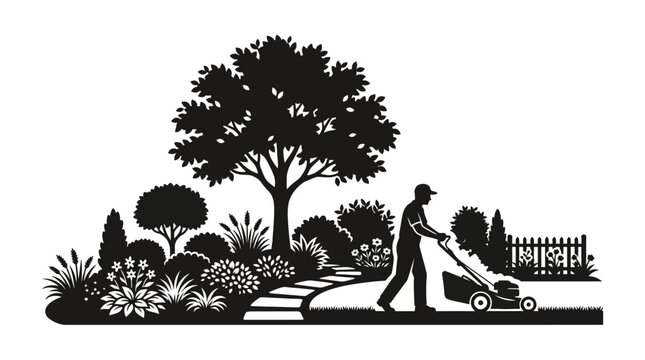 Lawnmower and garden scene black silhouette on a white background