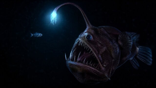 anglerfish. Deep sea anglerfish using its bioluminescent lure in the dark ocean depths. wildlife magazines, conservation campaigns, designed for wildlife conservation campaigns.