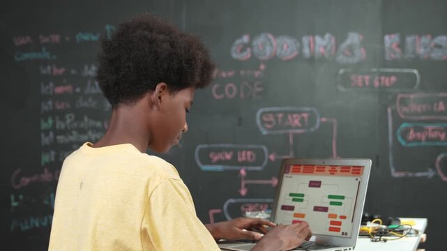 Back view of african boy programming system or coding system. Professional high school student working learning to write engineering code while sitting blackboard. Creative education. Edification
