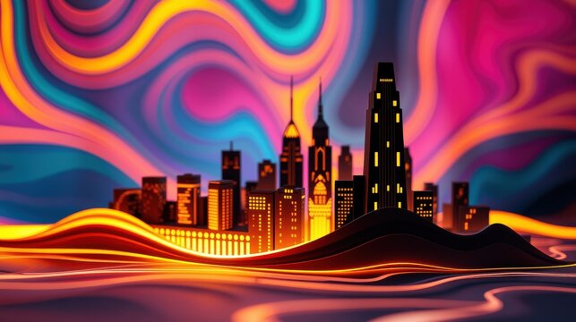 Vibrant cityscape rises from flowing energy waves. Colorful abstract sky complements glowing buildings. Dramatic lighting creates surreal scene.