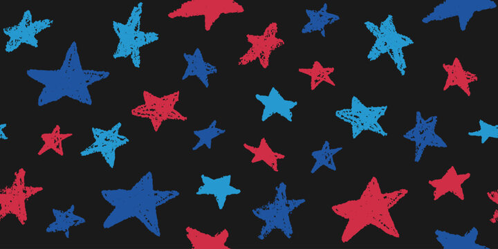 Patriotic seamless pattern with hand drawn crayon stars. USA flag colors red and blue star on dark background.