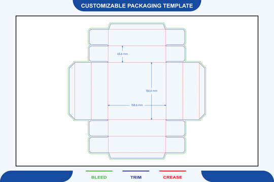 Foldable food tray packaging dieline template with labeled dimensions, featuring green bleed, blue trim, and red crease lines for catering boxes