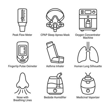 Outline vector icons of respiratory medical devices including cpap mask oxygen machine inhaler lungs nebulizer