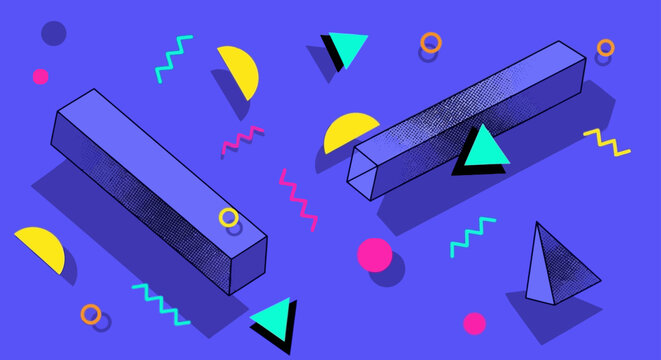 retro geometric shapes in a 1980s memphis style design with 3d objects
