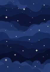 Fototapeta premium Stylized Dark Blue Night Sky Illustration with Layered Clouds and Twinkling White Stars Background for Creative Projects