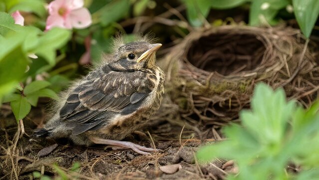fledgling. A fledgling bird with ruffled feathers on the ground near its nest. wildlife magazines, conservation campaigns, designed for eco-tourism storytelling, used by event planners.
