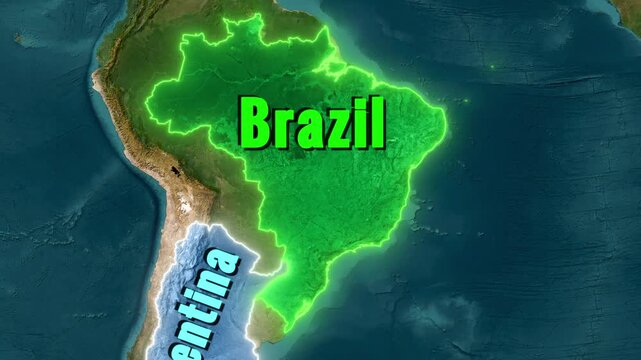 3D South America map zoom animation with text reveal highlighting Argentina and Brazil