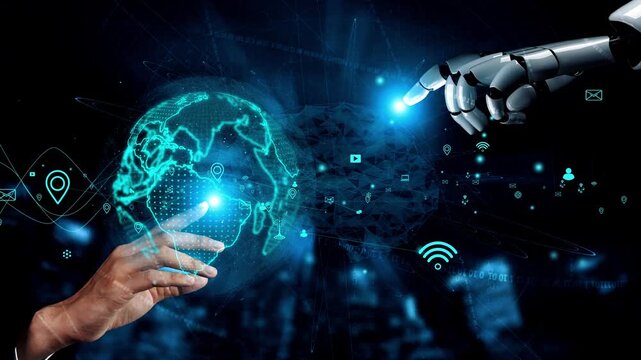 A captivating image showcasing the interaction between a human hand and a robotic hand touching a globe, symbolizing advanced technology and global communication. Xenic