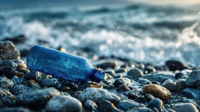 Blue plastic bottle pollutes rocky beach with waves crash.