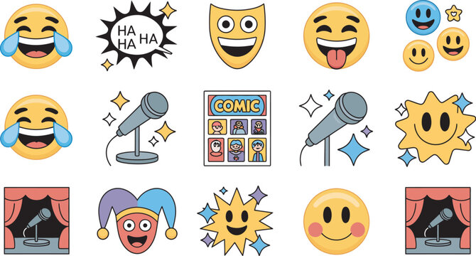 Vibrant collection of cartoon style humor and comedy icons featuring laughing emojis, clown character, theater stage, comic book elements, fun entertainment symbols, playful flat vector illustration 