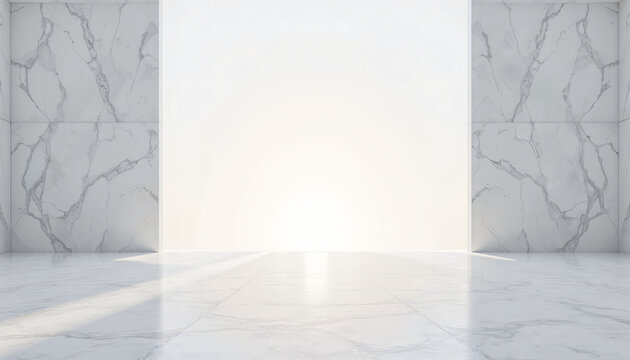 Marmorhalle aus wei&szlig;en Marmorfliesen mit gl&auml;nzender Oberfl&auml;che und hellem Gegenlicht als minimalistischer Mockup-Hintergrund