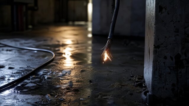 frayed. A frayed electrical wire dangles over wet concrete, sparks arcing from its exposed end. product launch decks, UI/UX mockups, designed for product launches and innovation pitches.