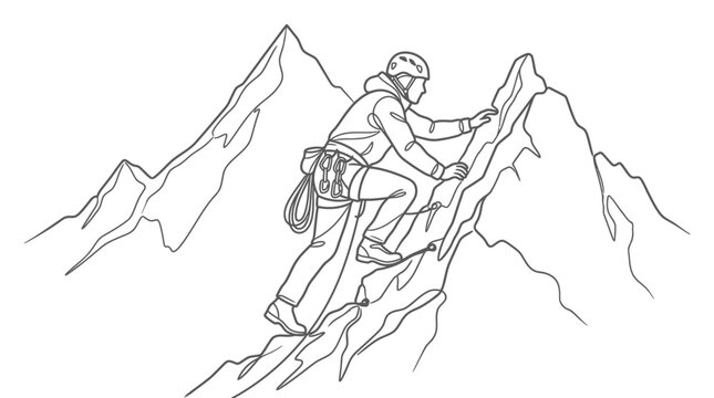 Line art drawing of a male rock climber ascending mountain.