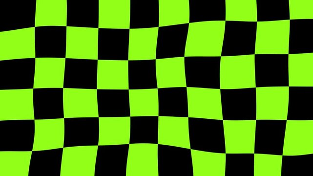 Green and Black Checkered Flag Background Loop Waving with Undulating Grid Motion and Fluid Distortion, Checkerboard Pattern