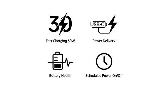 Showcasing 30W fast charging, battery health, and timed power on/off, representing refined power management and mobile device, daily charging and maintenance concepts.
