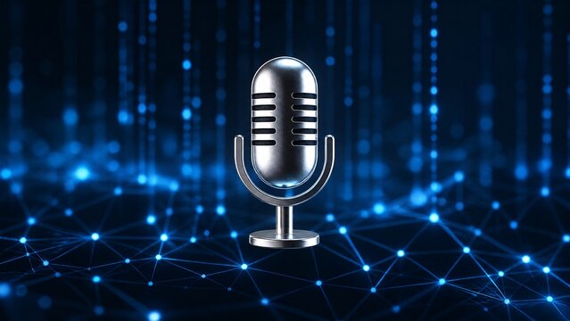 nodes. A silver microphone icon floating in glowing blue data streams. product launch decks, UI/UX mockups, designed for data visualization dashboards and holographic UIs.