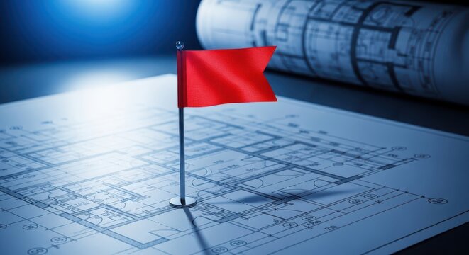 Red flag warning on architectural plans risk assessment and project issue identification concept
