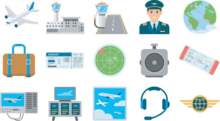Airport and aviation icons set featuring airplane, pilot, control tower, and travel elements, flight transportation symbols, air travel navigation concept, clean modern vector illustration collection. © Dalim 3