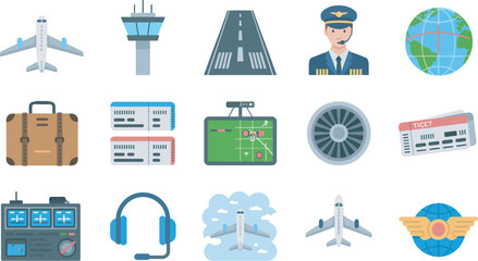 Aviation and airport icon collection with airplane, pilot, control tower, luggage, and travel symbols, air transportation and flight industry concept, professional vector illustration design pack. © Dalim 3