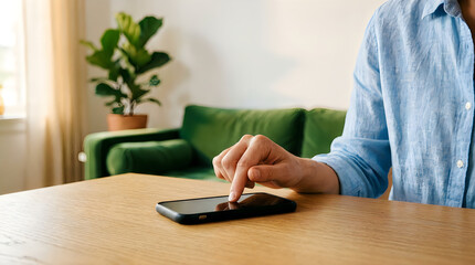 Fototapeta premium Man in blue shirt interacting with smartphone on wooden table