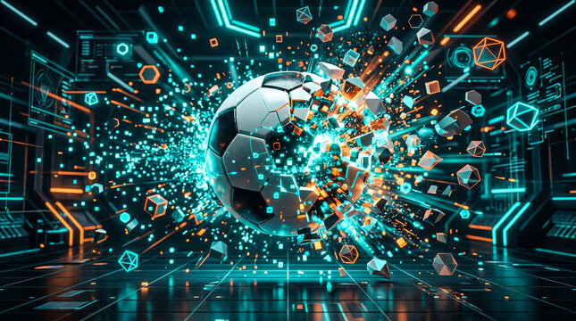 Soccer ball exploding into glowing geometric fragments and digital particles within a high tech environment captured in this dynamic photographic image that showcases intense energy & motion 
