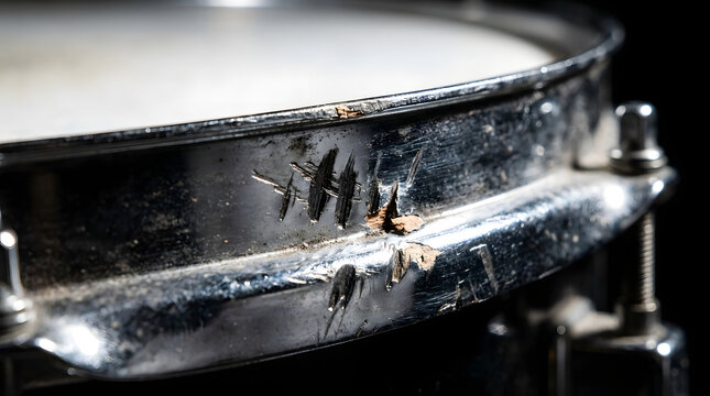 Damaged snare drum close-up