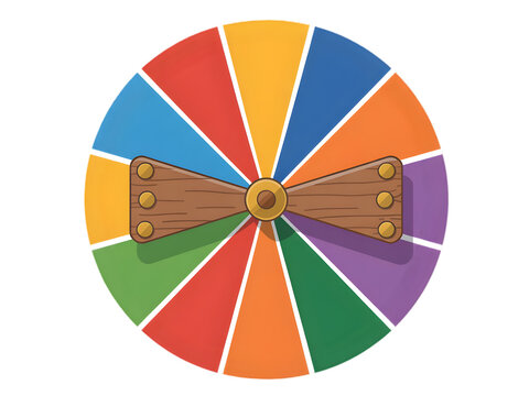 Colorful Prize Wheel Spinning with Wooden Pointer and Brass Rivets Game Element Isolated on transparent background