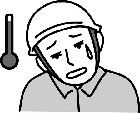 高体温で具合が悪いヘルメットを被った男性作業員（熱中症・重症化・体調不良）