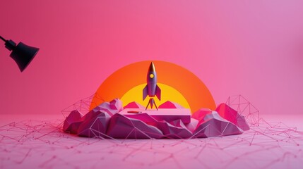 Obraz premium Stylized rocket launch scene. Pink backdrop, geometric shapes, orange sun. Minimalist design, futuristic concept, vibrant colors.