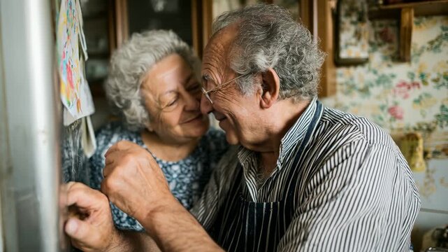 Loving elderly couple looking at old photos, reminiscing about past memories in cozy kitchen. Sweet senior man and woman enjoy shared nostalgia. Family, moments, affection.