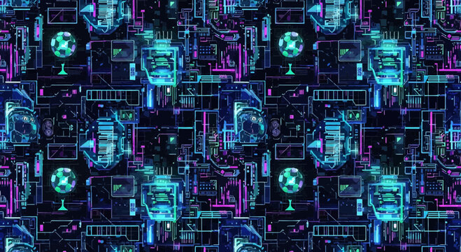 Futuristic Digital Circuit Board with Neon Lights.