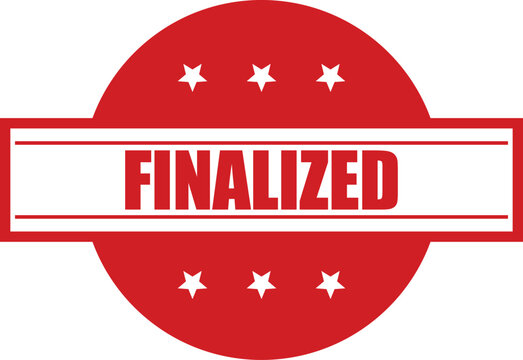 Vibrant red circular stamp with FINALIZED text and decorative stars signifying completion and approval