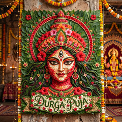 Fototapeta premium Beautiful portrait of Goddess Durga crafted from natural leaves and red flowers