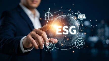 Obraz premium Businessman touching ESG investment icons representing environmental, social, and governance strategy.