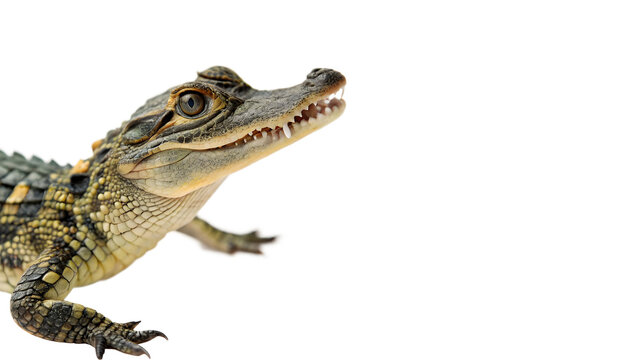 Small wild alligator or young crocodile crawling alertly with sharp teeth skin texturing for reptile nature on transparent background