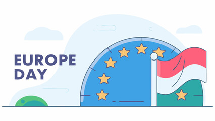 Obraz premium Celebrating Europe Day with colorful festive tunnel and EU stars in minimalist flat design