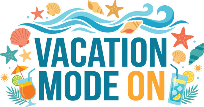 Minimalist typography design with beach elements and vacation mode text for travel and leisure