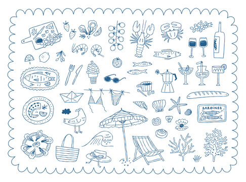 Mediterranean summer elements set. Coastal food and seaside items in sketch style.